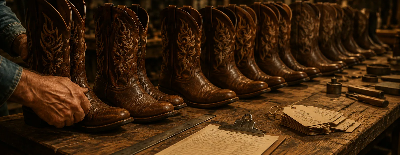 Boots lined up on the inspection bench with a record clipboard and tags